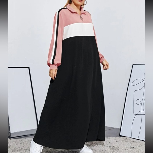 Plus Size Color Block Stripe Long Cuff Sleeve Maxi Dress - Picture 11 of 11